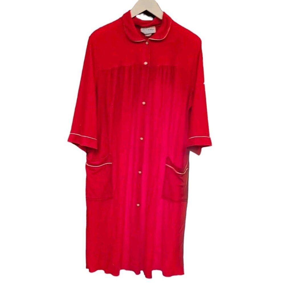 VINTAGE DANA JEFFERIES SNAP FRONT HOUSE COAT ROBE Red With Square Pockets M/L